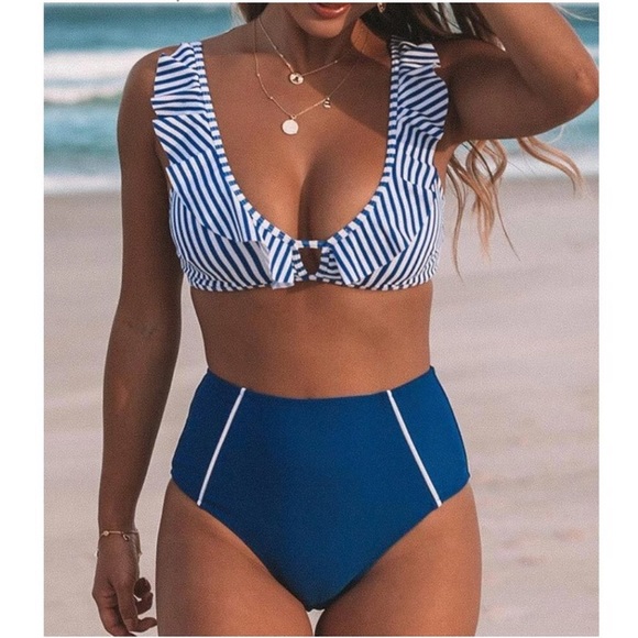 CUPSHE Blue Striped Ruffles High Waisted Bikini, Blue, Size Medi… - Picture 3 of 5
